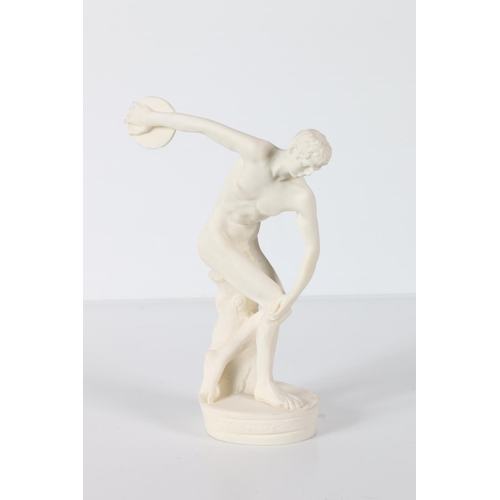 40f - Alabaster Greek discus thrower figure,&nbsp; 'The Discobolus of Myron', 20cm high.