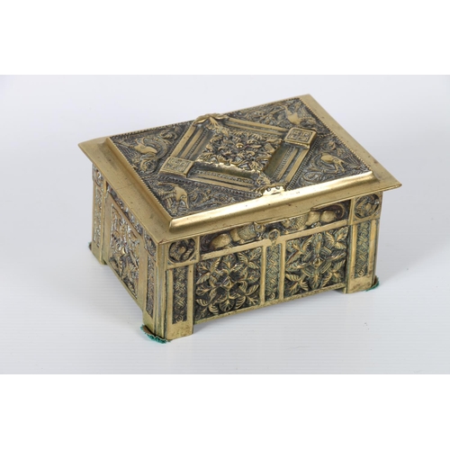 47 - Bronze or brass casket decorated with lions and peacocks, 15cm long.