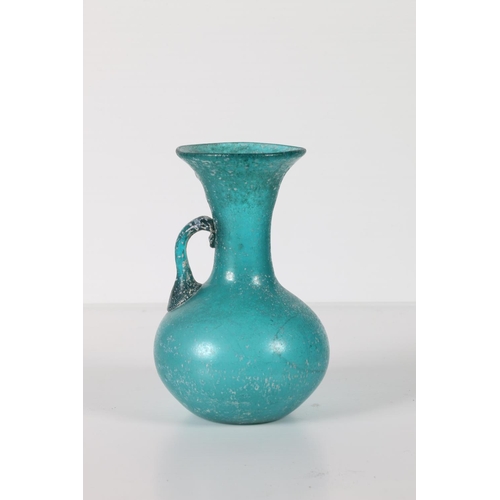 96 - Blue Roman style glass vase, with single applied handle, 16cm.
