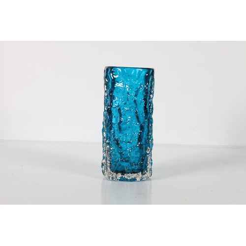 98 - Whitefriars glass textured bark vase in kingfisher blue, designed by Geoffrey Baxter, pattern #9689,... 