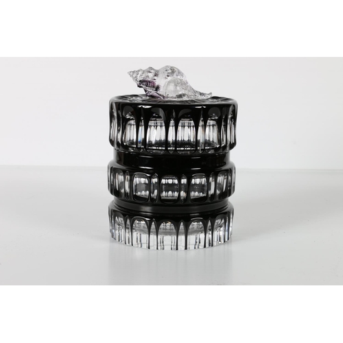 99 - David Redman Art Glass dressing table jar or jewellery casket, black to clear crystal-cut base and l... 