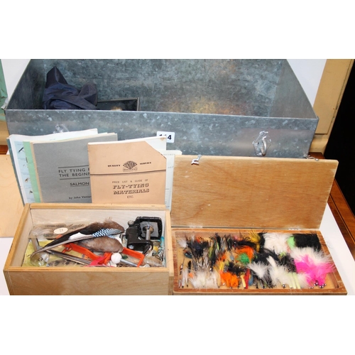 114 - White metal hinged box containing fishing tackle including fly tying materials, lures etc.&nbsp;