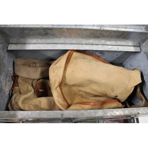 115 - White metal box containing fishing tackle including two leather and canvas fishing bags, a priest, l... 