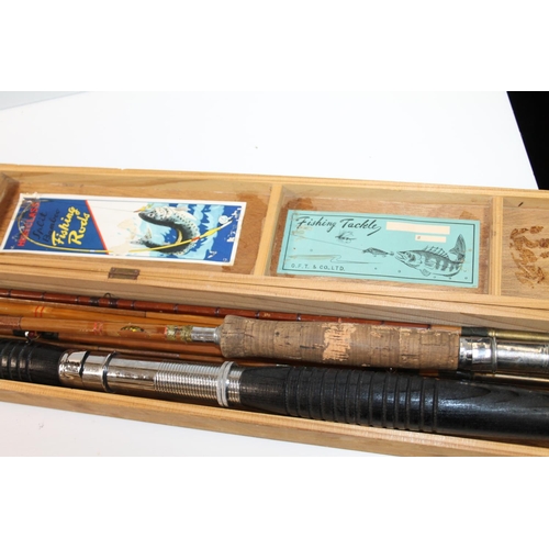128 - Vintage split cane fishing rods in wooden case