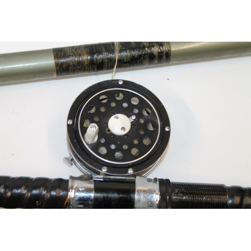 129 - A group of fishing rods including Shakespeare 1081-465 telescopic, Alcocks duraglass, etc. also a la... 