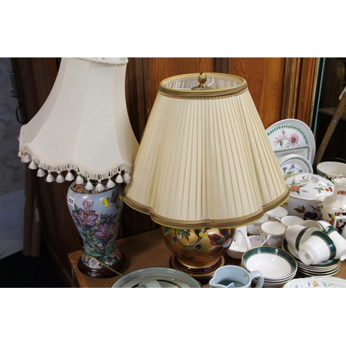 222 - Two floral decorated table lamps with shades.