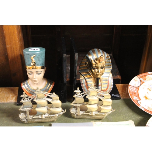 252 - Pair of Egyptian bookends by Marco Giner of Spain and a pair of brass galleon bookends.