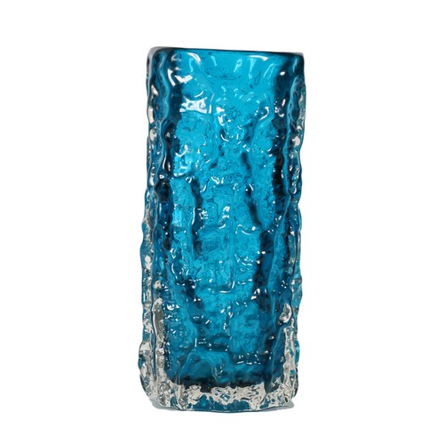 98 - Whitefriars glass textured bark vase in kingfisher blue, designed by Geoffrey Baxter, pattern #9689,... 