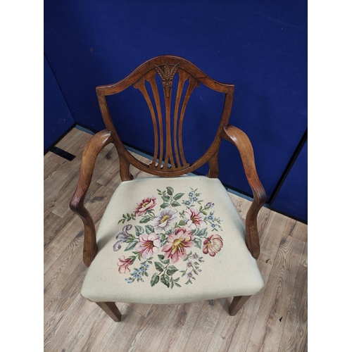 613 - Hepplewhite style mahogany elbow chair with matching side chair, shield shaped top above a wheatshea... 