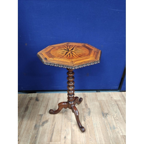 614 - Mahogany marquetry occasional table, 19th century with marquetry sunburst panel top, raised on a tur... 