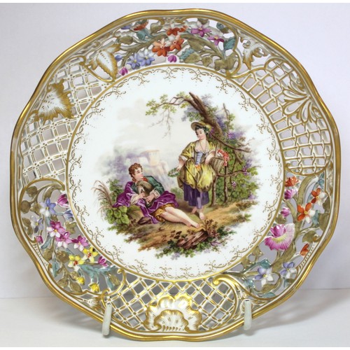 253 - Set of six late 19th/early 20th century German porcelain plates with lobed rims, pierced floral and ... 