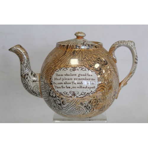 257 - 19th century lustre teapot of globular form with bark effect transfer decoration and panels of motto... 