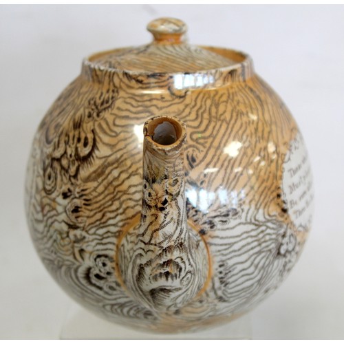 257 - 19th century lustre teapot of globular form with bark effect transfer decoration and panels of motto... 