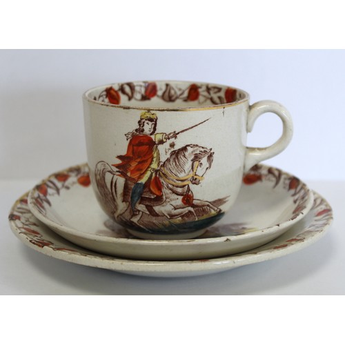 258 - Victorian Commemorative trio for William of Orange, cup, saucer and side plate with polychrome paint... 