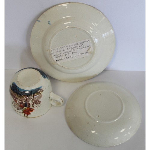 258 - Victorian Commemorative trio for William of Orange, cup, saucer and side plate with polychrome paint... 