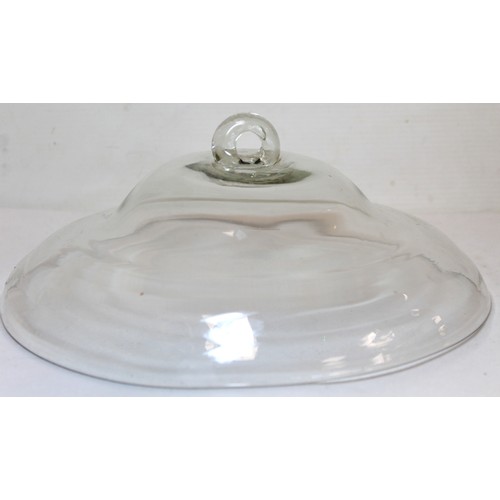 263 - 19th century glass bell jar cloche cover with ring handle, 27cm high, 31cm diam.; also another domed... 