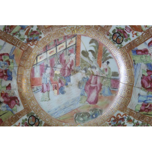 269 - 19th century Chinese Canton famille rose circular punch bowl, decorated with panels of figures on te... 