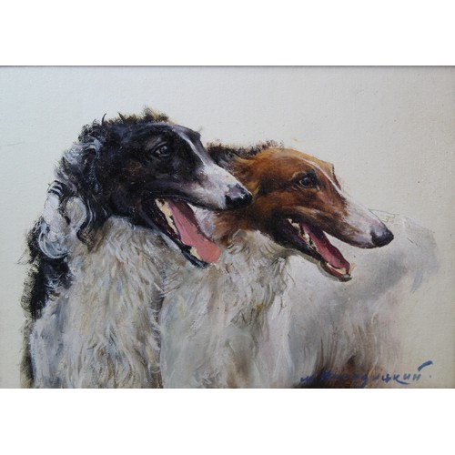 296 - MIKAIL NARODITSKY (RUSSIAN B.1946).Portrait of two Borzoi dogs (Russian Wolfhound).Oil on board.15.5... 