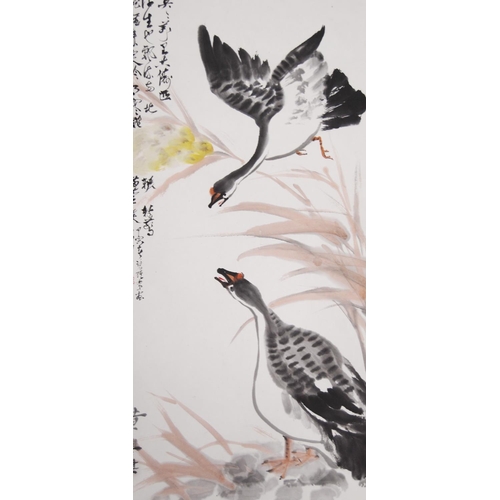 400 - 20th century Chinese scroll painting of two geese with calligraphic inscription, three-character sig... 