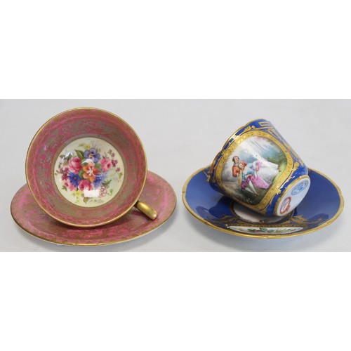 304 - Royal Worcester cabinet cup and saucer with polychrome painted floral panels surrounded by pink and ... 