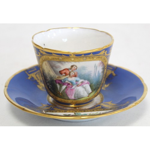 304 - Royal Worcester cabinet cup and saucer with polychrome painted floral panels surrounded by pink and ... 