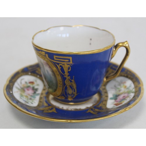 304 - Royal Worcester cabinet cup and saucer with polychrome painted floral panels surrounded by pink and ... 