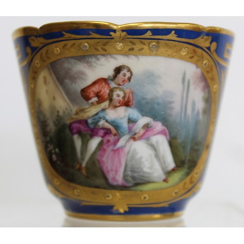 304 - Royal Worcester cabinet cup and saucer with polychrome painted floral panels surrounded by pink and ... 