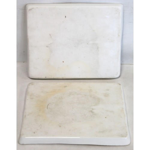 306 - Two white porcelain rectangular trays with central partition, one side inscribed 