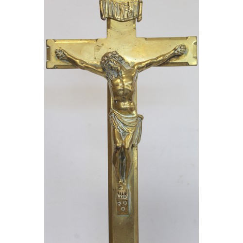 308 - 19th or early 20th century brass altar cross with figure of Christ and naturalistic rocky plinth bas... 