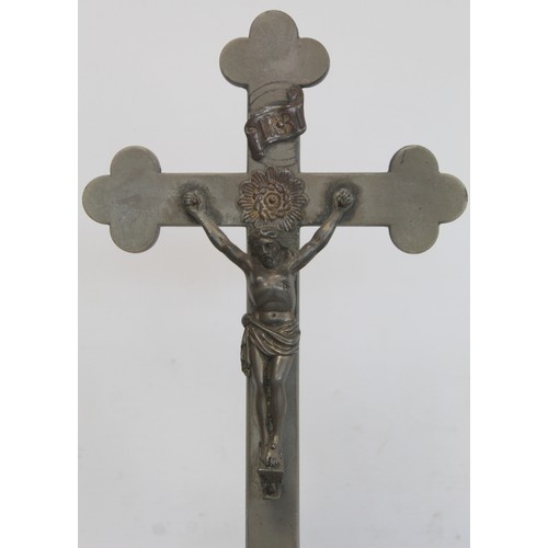 309 - 19th or early 20th century pewter altar cross with Christ figure and two figures weeping at foot, on... 