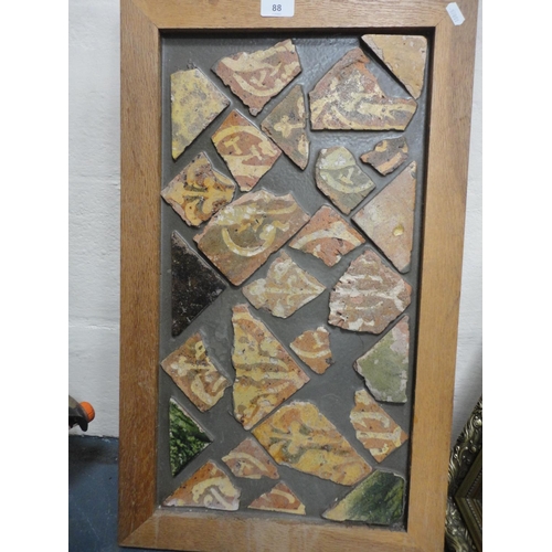 87 - Wall hanging made with Medieval tile fragments reputedly from Lincoln Cathedral, three photographs i... 