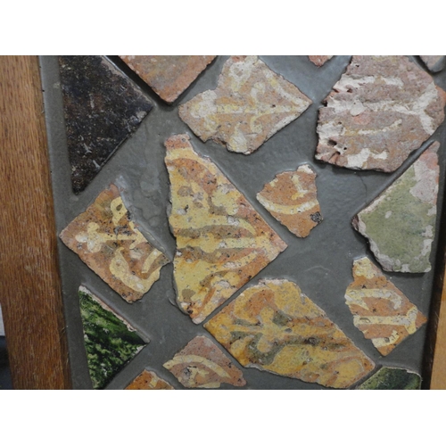 87 - Wall hanging made with Medieval tile fragments reputedly from Lincoln Cathedral, three photographs i... 