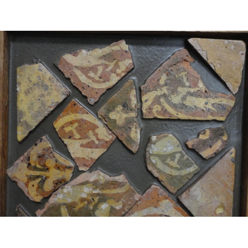 87 - Wall hanging made with Medieval tile fragments reputedly from Lincoln Cathedral, three photographs i... 