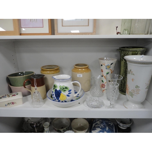 99 - Stoneware jars, pewter lidded jug, crystal bell, crystal ashtray, two vases, glazed pottery vase, Ar... 