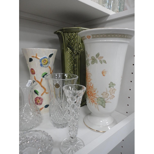 99 - Stoneware jars, pewter lidded jug, crystal bell, crystal ashtray, two vases, glazed pottery vase, Ar... 