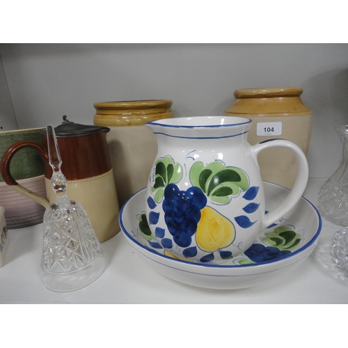 99 - Stoneware jars, pewter lidded jug, crystal bell, crystal ashtray, two vases, glazed pottery vase, Ar... 