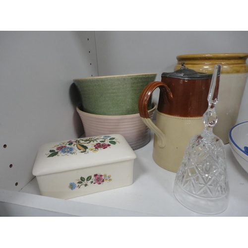 99 - Stoneware jars, pewter lidded jug, crystal bell, crystal ashtray, two vases, glazed pottery vase, Ar... 