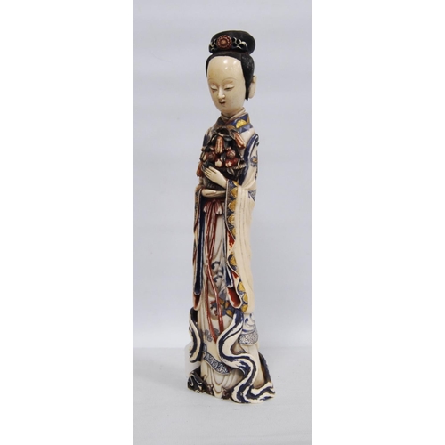 419 - Chinese early 20th century polychrome carved and painted ivory figure of Quan Yin holding a basket o... 