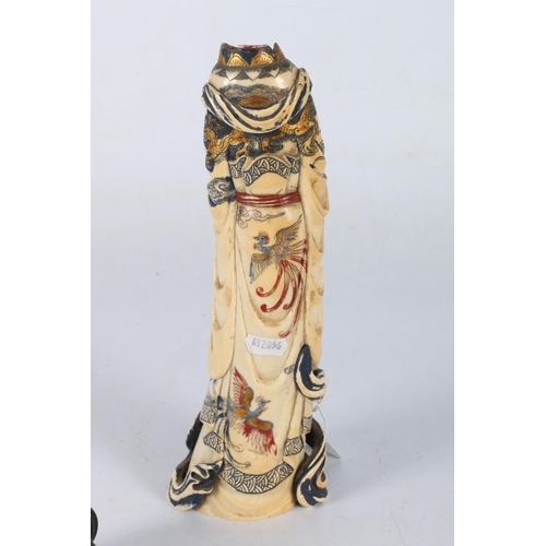 419 - Chinese early 20th century polychrome carved and painted ivory figure of Quan Yin holding a basket o... 