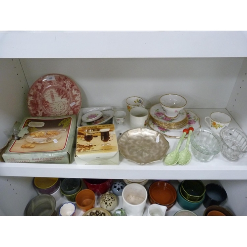 100 - Two glass jelly moulds, pair of ceramic salad servers, commemorative tankard depicting the Coronatio... 