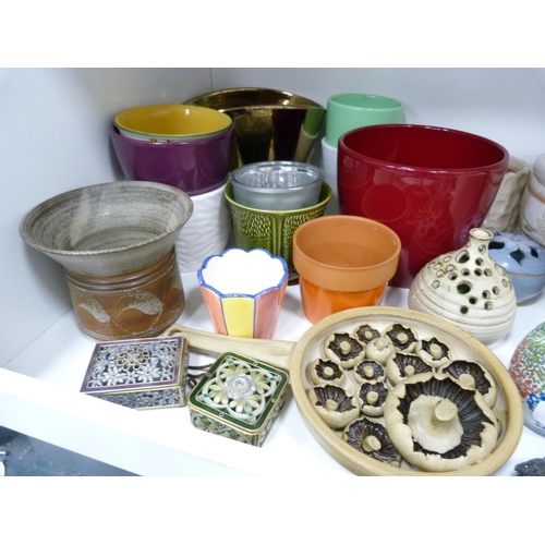 101 - Collection of planters and bowls including modern and art pottery, also two boxes decorated with fau... 