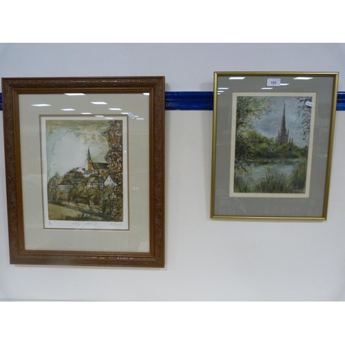 103 - ALISON MCMEEKIN, cathedral and river scene, watercolour, also a signed limited edition print.