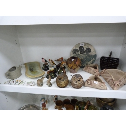 105 - Collection of bird figures including owls, modern art plaque, modern bowls, otter figures, basket, c... 