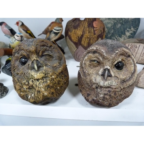 105 - Collection of bird figures including owls, modern art plaque, modern bowls, otter figures, basket, c... 