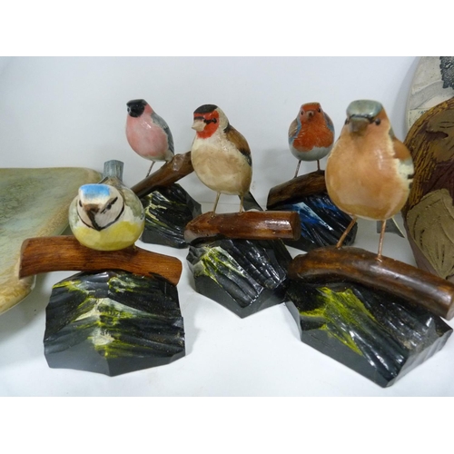 105 - Collection of bird figures including owls, modern art plaque, modern bowls, otter figures, basket, c... 