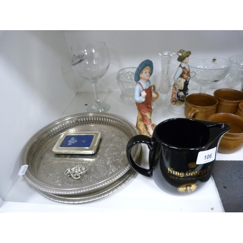 106 - Wade King George IV Scotch Whisky jug, EP photograph frame, marcasite-style brooch, glass bowls, two... 