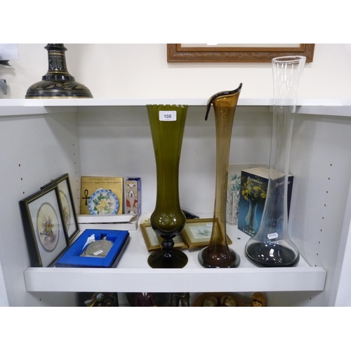 108 - Coloured glass vase, hip flask, small modern pictures, Royal Stanley stand, cut glass vase, boxed gl... 