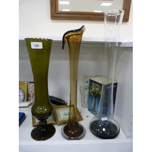 108 - Coloured glass vase, hip flask, small modern pictures, Royal Stanley stand, cut glass vase, boxed gl... 