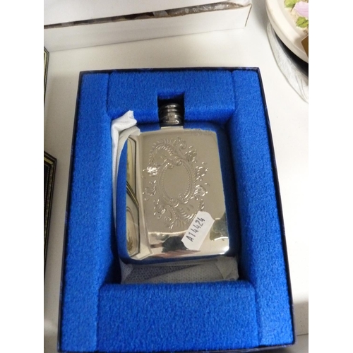 108 - Coloured glass vase, hip flask, small modern pictures, Royal Stanley stand, cut glass vase, boxed gl... 