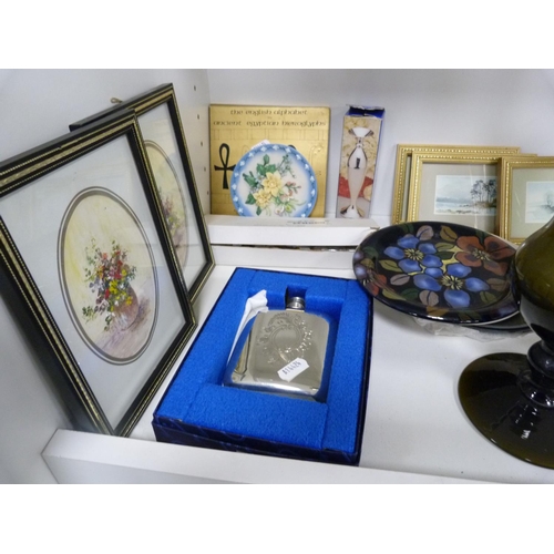 108 - Coloured glass vase, hip flask, small modern pictures, Royal Stanley stand, cut glass vase, boxed gl... 